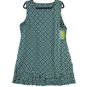 Anthonys Resort Wear UPF 50+ Sleeveless Blue Green Geometric Dress Ruffle Sz 1X